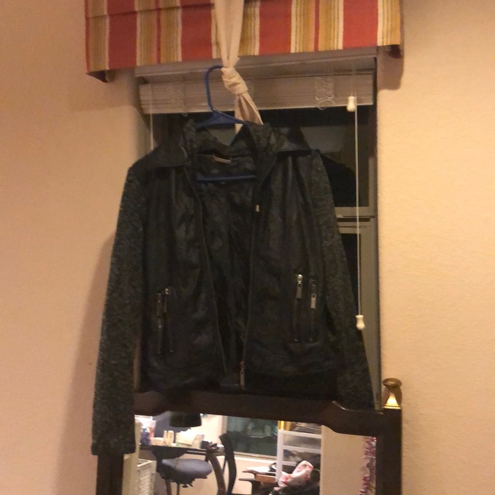 Faux leather and knit hooded jacket